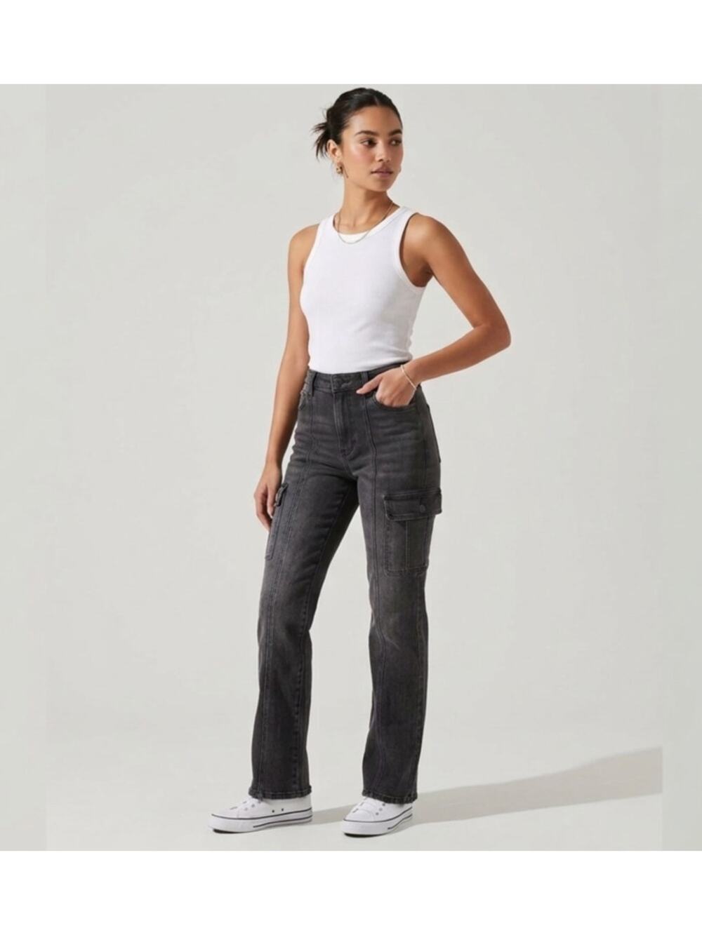 NWT AQUA High-Rise Cargo Straight-Leg Jeans — Black Wash Size 24